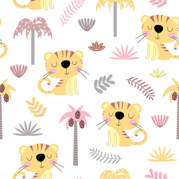 Seamless background with cartoon tigers