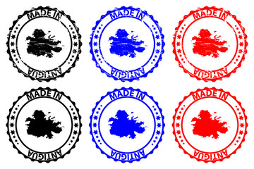 Made in Antigua - rubber stamp - vector, Antigua map pattern - black, blue and red