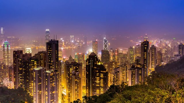 From sunset to night,the splendid view of sea and city, Hong Kong, China