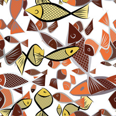 Seamless abstract fish illustrations background. Style, color, shape & surface.