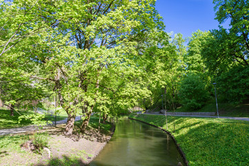 Lyna river in city center of Olsztyn in Poland.