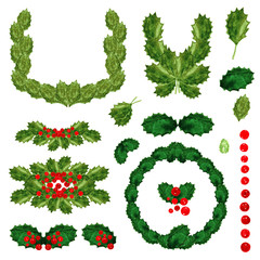 green leaves of holly and brightly red berries wreaths composition Watercolor drawing of curb Christmas New year items set isolated on white background