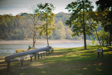 canoes next to a lake