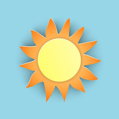 Vector illustration, yellow sun in papercut style with transparent shadows isolated on blue background