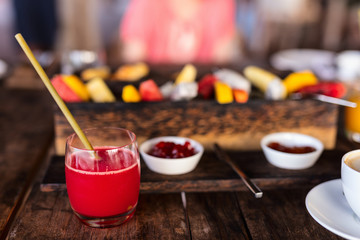 Breakfast with fresh fruits and coffee