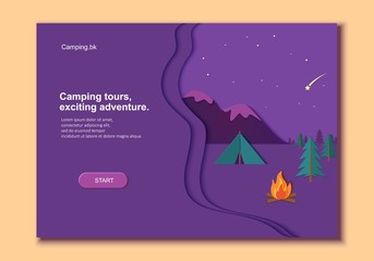 Evening camp whith bonfire and tent pine forest and rocky mountains in trandy paper cut style.. Camping in wild nature at night. Starry night sky and shooting star. Vector card illustration