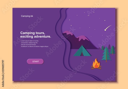 Evening Camp Whith Bonfire And Tent Pine Forest Rocky Mountains Evening Camp Whith Bonfire And Tent Pine Forest Rocky Mountains In Trandy Paper Cut Style