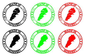 Obraz premium Made in Lebanon - rubber stamp - vector, Lebanon map pattern - black, green and red
