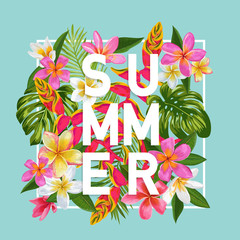 Obraz premium Hello Summer Floral Poster. Tropical Exotic Flowers Design for Banner, Flyer, Brochure, Fabric Print. Summertime Watercolor Background. Vector illustration