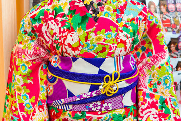 View of the colorful kimono in the store, Kyoto, Japan. Close-up.
