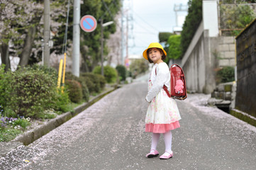 First day of a beautiful little girl in Japanese Elementary School. Walking on the flowery street of sakura leaves, landscape. (April 6, 2010 - Fuji city, Japan).