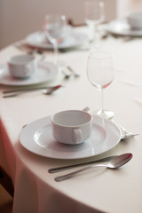 Tableware before the family party. Cutlery and plates on the table with a tablecloth.