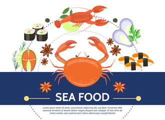 Flat Colorful Seafood Composition