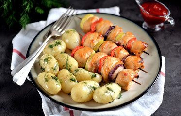 baked chicken breast shish kebab with red onion, zucchini, red pepper and boiled baby potatoes with dill and olive oil.