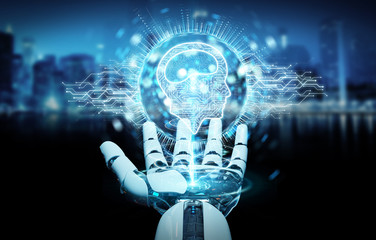 White humanoid hand using digital artificial intelligence icon hologram 3D rendering