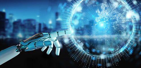 White humanoid hand using globe network hologram with Europe map 3D rendering