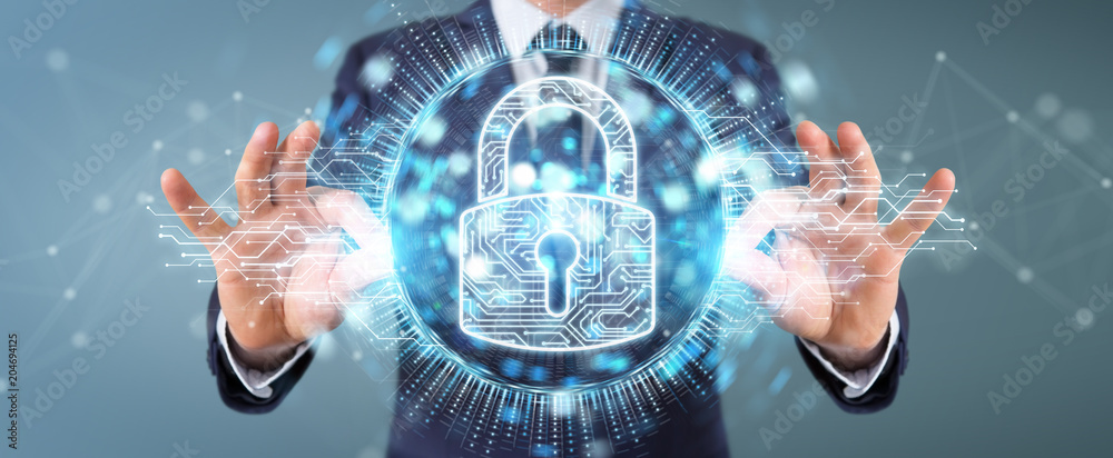 Poster businessman protecting his datas with digital security hologram 3d rendering