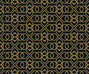 Seamless pattern of intersecting thin gold lines on black background. Abstract seamless ornament.