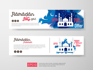 Ramadan sale offer banner set design. Promotion poster, voucher, discount, label, greeting card of Ramadan Kareem and Eid Mubarak celebration. blue watercolor background vector illustration