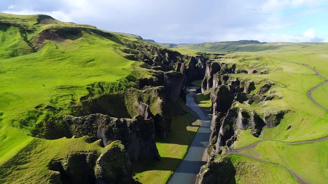 4K Aerial movie Summer Scene of Fjadrargljufur Canyon, A canyon in south east Iceland