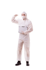 Criminologist in protective suit with steel case