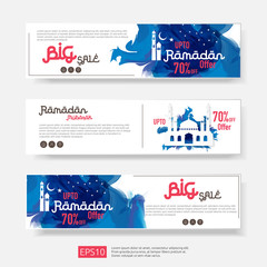 Ramadan sale offer banner set design. Promotion poster, voucher, discount, label, greeting card of Ramadan Kareem and Eid Mubarak celebration. blue watercolor background vector illustration