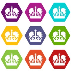 Monarch crown icons set 9 vector