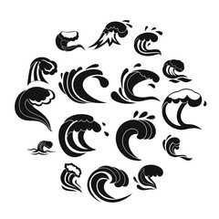 Sea waves icons set, simple style