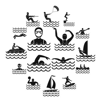 Water sport icons set, simple style