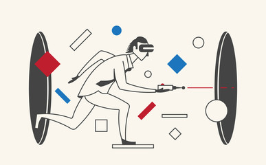 Virtual Reality Businessman. Man using portal and VR glasses. Vector illustration