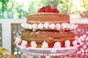 detail of strawberry and meringue naked cake, seen from above, 3 stories high... Colored light leak filter applied