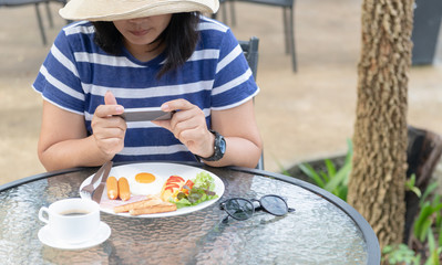 hipster traveler take picture breakfast