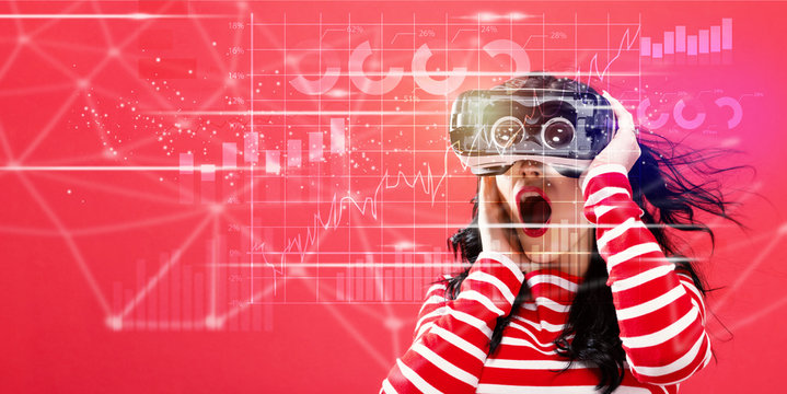 Digital Graph with young woman using a virtual reality headset - Powered by Adobe