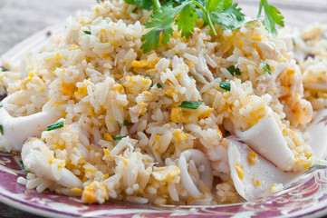 Seafood fried rice on a dish