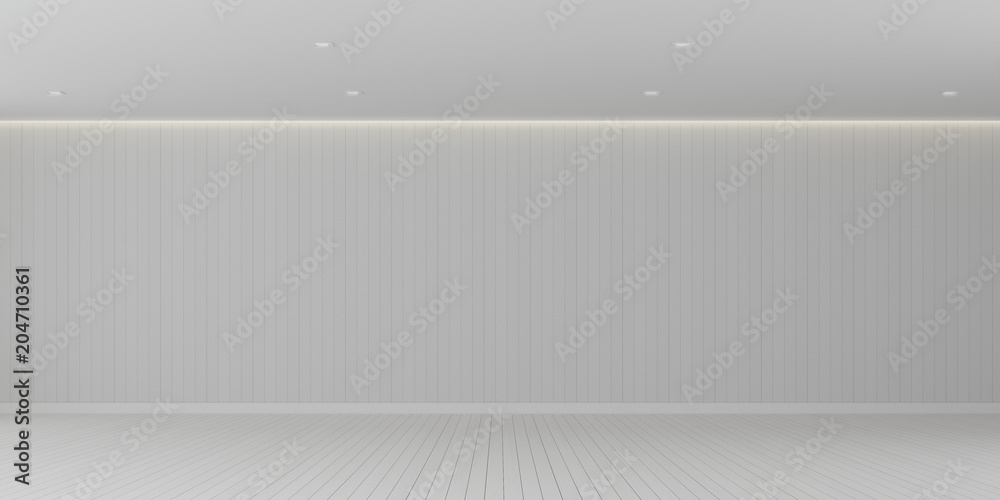 Fototapete 3D rendering of the empty room space and white plank floor and wall pattern with interior lighting,Perspective of minimal design architecture.