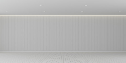 3D rendering of the empty room space and white plank floor and wall pattern with interior...