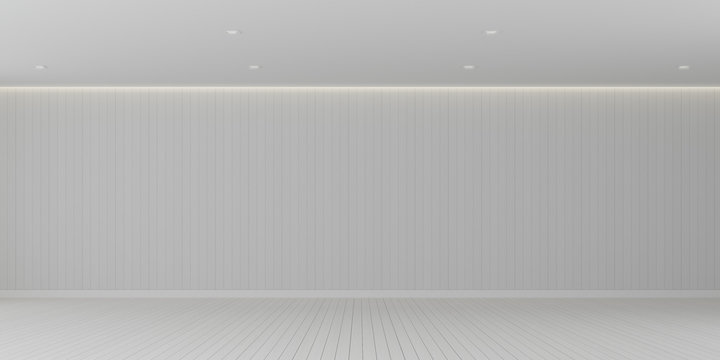 3D rendering of the empty room space and white plank floor and wall pattern with interior lighting,Perspective of minimal design architecture.