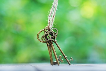 Vintage keys with blur green garden background