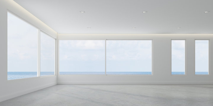 3D rendering of white room space with interior lighting and sun light cast the window shadow on the wall and floor on sea view background,Perspective of minimal design architecture	