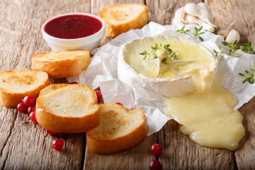 French traditional food Camembert cheese with garlic, thyme is served with toast and berry sauce...