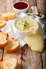 French melted Camembert with toast and cranberry sauce close-up. vertical, rustic style