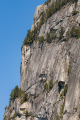 cliff face under the blue sky with few greens on the surface.