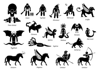 Fototapeta premium Ancient Greek Mythology Monsters and Creatures Characters Icon Set