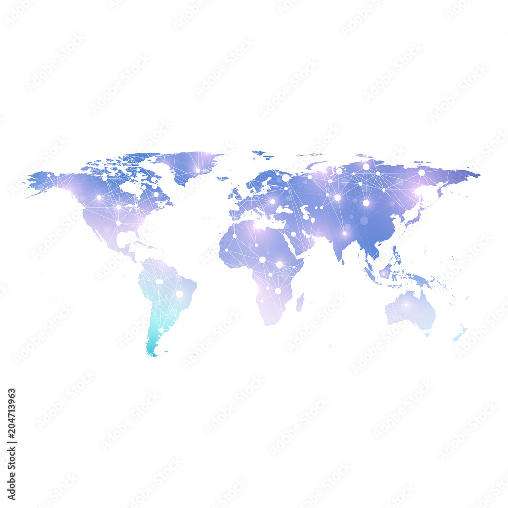 Fototapete Vector template World map with global technology networking concept. Global network connections. Digital data visualization. Lines plexus. Big Data background communication. Perspective backdrop