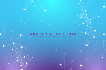 Geometric graphic background artificial intelligence. Turbulence flow trail. Futuristic science and technology background. Big data visualization complex with compounds. Cybernetics illustration