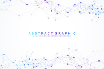 Geometric graphic background artificial intelligence. Turbulence flow trail. Futuristic science and technology background. Big data visualization complex with compounds. Cybernetics illustration - obrazy, fototapety, plakaty