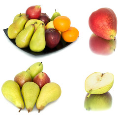 a lot of ripe and juicy fruit on a white background. Apples and pears and Mandarin together. 