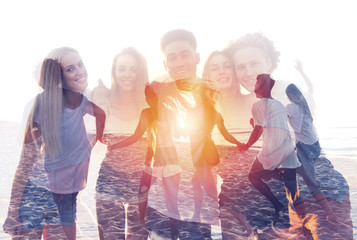 Group of happy friends having fun at ocean beach. double exposure