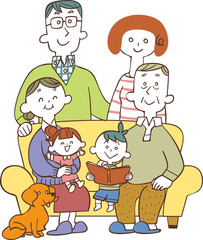 Fototapeta premium 三世代家族がソファーに座っているイラスト