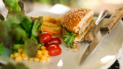 Half hamburger with Salad, Tomato, french fries and corn kernels on the white disk.